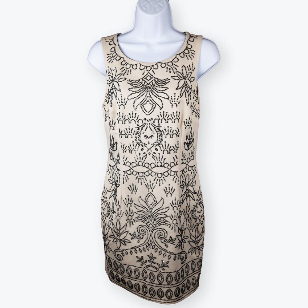Alexia Admor Beige Black Beaded Sheath Cocktail Dress M